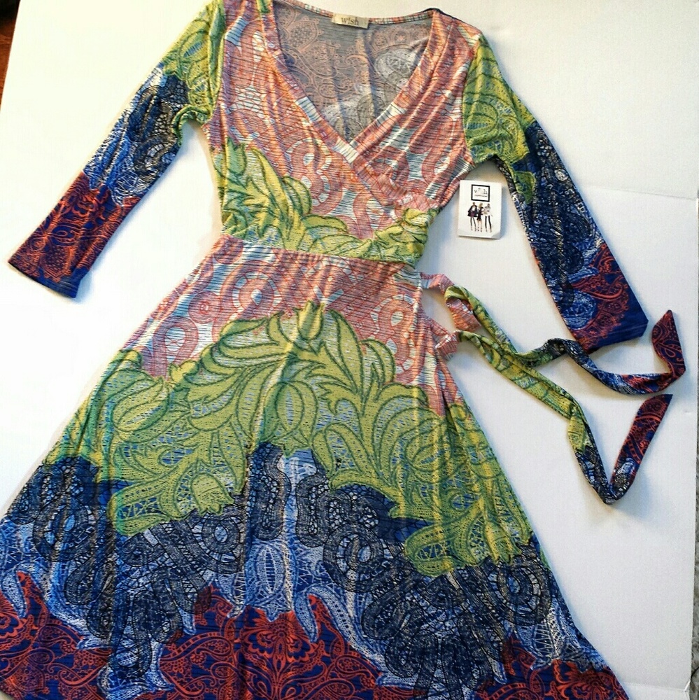 Wish Boutique Paisley Faux Wrap Midi Dress Medium
